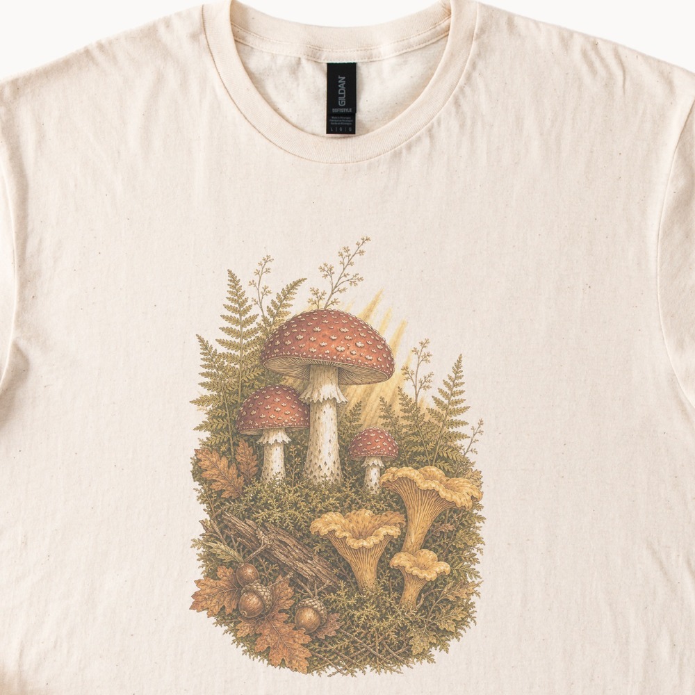 Autumn Forest Mushrooms Acorns Botanical Tee